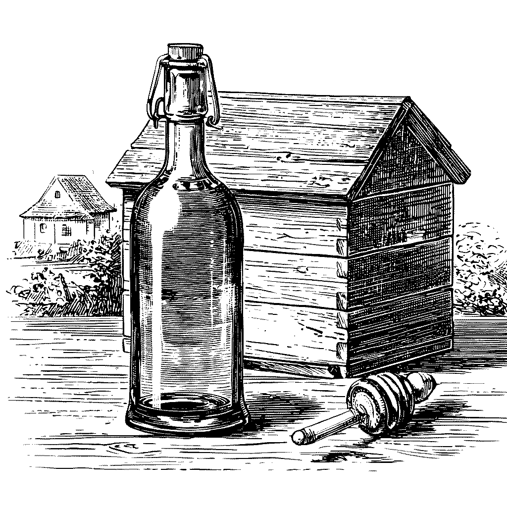 Illustration d'une bouteille d'hydromel devant une ruche