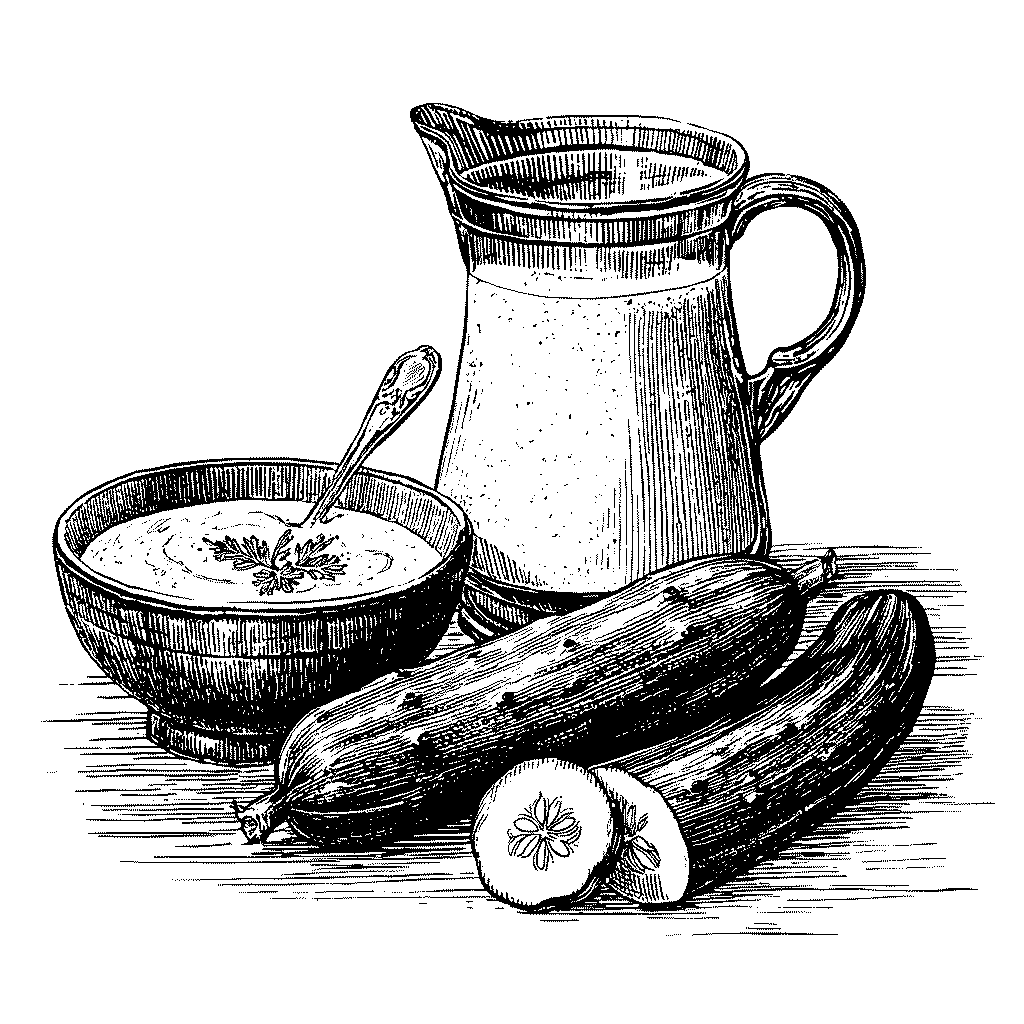 Illustration d'un bol tzatziki et d'un jus de concombre