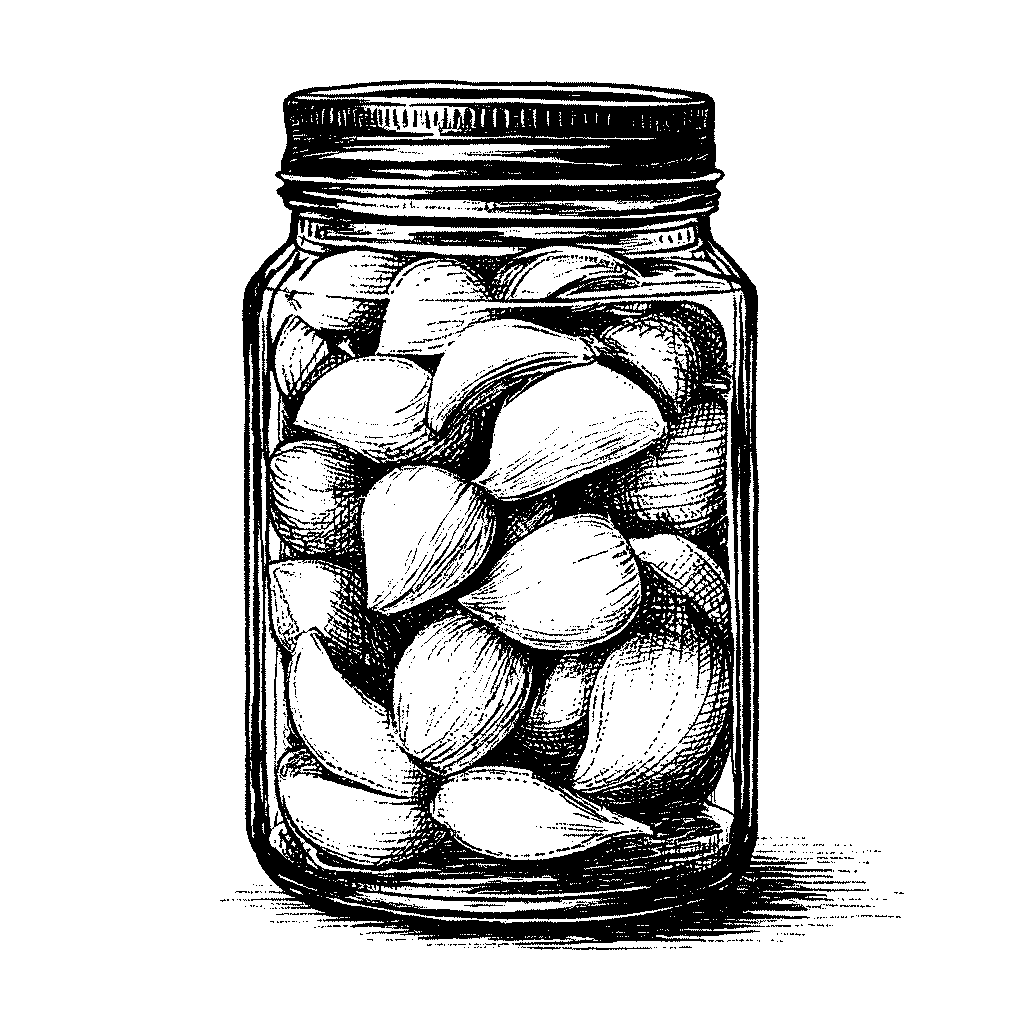 Illustration de gousses d’ail confites dans un pot d’huile d’olive