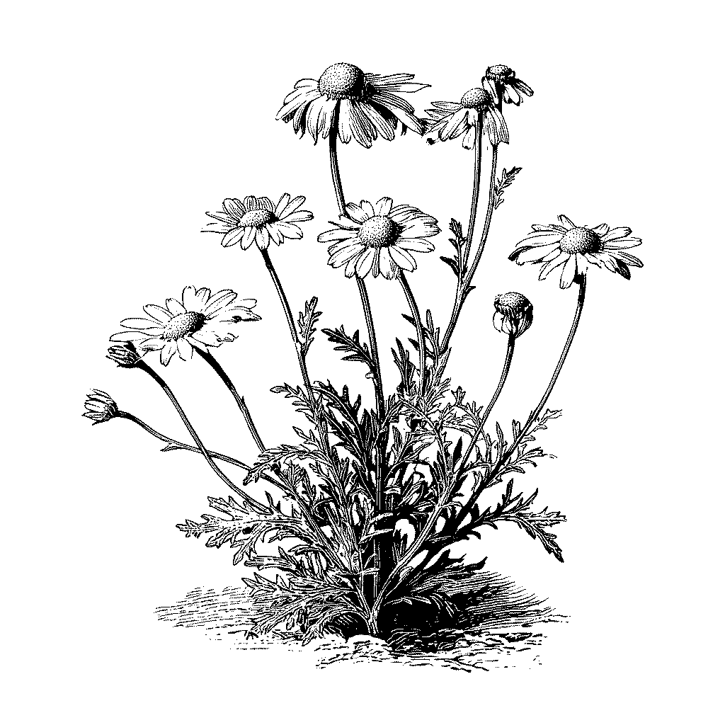 Illustration botanique d’un plant de camomille en fleurs