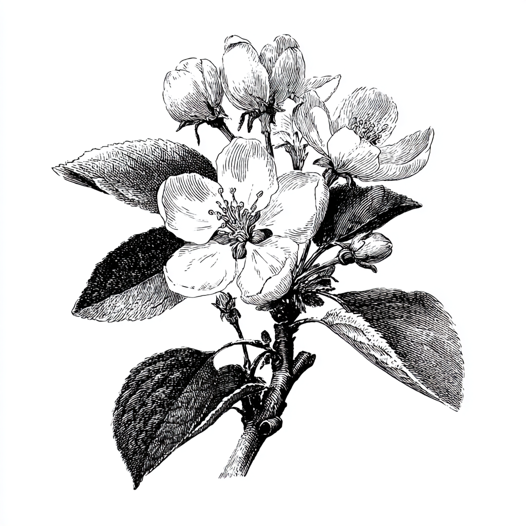Illustration botanique de fleurs de pommier