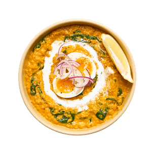 Curry de lentilles, épinards & œuf mollet