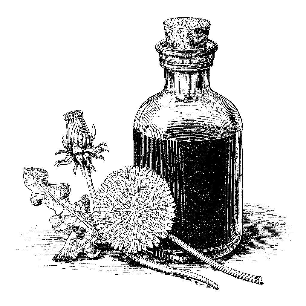 Illustration d’une bouteille de sirop de pissenlit doré